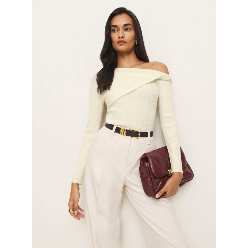 Reformation Lilou Regenerative Merino Wool Cream Off The Shoulder Sweater Size L